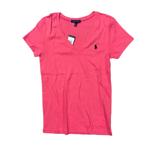 Polo Ralph Lauren Classic V-Neck T-Shirt – Pink with Navy Pony - Picture 1 of 5